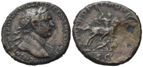 Trajan (98-117). Æ As (26,77 mm, 10,55 g). Rome, AD 103-111. Laureate bust r., drapery on far shoulder. R/ Trajan riding r. on rearing horse, spearing...