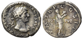 Hadrian (117-138). AR Denarius (19,50 mm, 3,22 g). Rome, AD 118. Laureate and draped bust r. R/ Pietas, veiled, standing r., raising hands; in field, ...