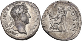 Hadrian (117-138). AR Denarius (17,8 mm, 2,5 g). Rome, AD 119-122. Lureate bust r., drapery on l. shoulder. R/Roma, helmeted, seated l. on cuirass, ho...