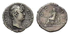 Hadrian (117-138). AR Denarius (17,5 mm, 3 g). Rome, AD 125-128. Laureate head r. R/ Concordia seated l., holding patera and resting elbow on statue o...