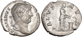 Hadrian (117-138). AR Denarius (17 mm, 3 g). Rome, AD 134-138. Bare head r. R/ Salus standing r., feeding serpent rising from altar and holding patera...