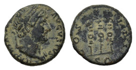 Hadrian (217-238). Æ Semis or Quadrans (16 mm, 3 g). Rome, AD 125-128. Laureate, draped and cuirassed bust r.R / Aquila between two standards. RIC 428...
