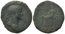 Hadrian (117-138). Æ Dupondius (25,56 mm, 8,56 g). Rome, AD 118. Radiate bust r., with drapery on l. shoulder. R/ Fortuna seated l., holding rudder an...