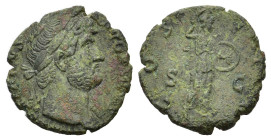 Hadrian (117-138). Æ As (24,57 mm, 9,07 g). Rome, c. 124-8. Laureate bust r., slight drapery. R/ Minerva advancing r., holding javelin and shield. RIC...