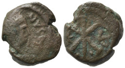 Justin I (AD 518-527). Æ 5 Nummi (13,87 mm, 2,77 g). Constantinople, AD 522-527. Diademed draped cuirassed bust r. R/ Large Chi-Rho between (?) to l. ...