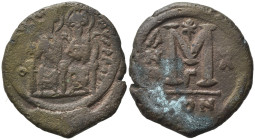 Justin II and Sophia (565-578). Æ 40 Nummi (33,00 mm, 15,32 g). Constantinople, year 10 (AD 574/5). Justin, holding globus cruciger, and Sophia, holdi...