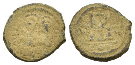 Justin II and Sophia (565-578). Æ 40 Nummi (26,5 mm, 14,2 g). Constantinople, year 5 (AD 569/70). Justin, holding globus cruciger, and Sophia, holding...