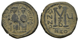 Justin II and Sophia (565-578). Æ 40 Nummi (30 mm, 13,4 g). Nicomedia, year 5 (AD 569/70). Justin and Sophia seated facing side by side on double thro...
