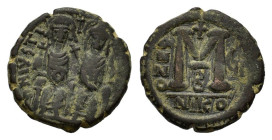 Justin II and Sophia (565-578). Æ Follis (28 mm, 13,4 g). Nicomedia, year 6 (AD 571/2). Justin and Sophia enthroned facing; Justin holding globus cruc...