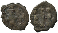Constans II (641-668). Æ 40 Nummi (24,44 mm, 3,32 g). Constantinople. Constans standing facing, holding long cross. R/ Constantine IV, Heraclius and T...