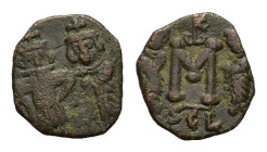Constans II (641-668). Æ 40 Nummi (15,5 mm, 1,9 g). Syracuse, AD 659-668. Constans, holding long cross with r. hand, and Constantine IV, both crowned,...
