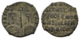 Basil I The Macedonian with Constantine (867-886). Æ Follis (24 mm, 5,8 g). Constantinople (or uncertain provincial mint?). Crowned facing busts of Ba...