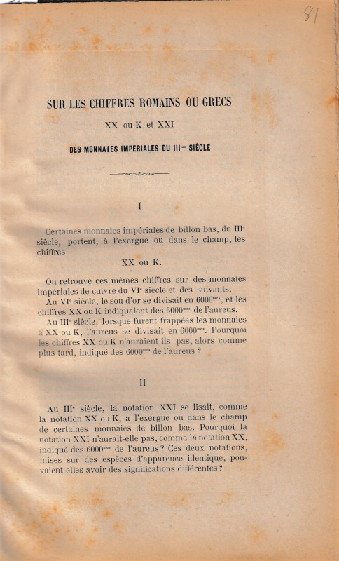 AA.VV. Sur les chiffres romains ou grecs des monnaies imperiales du III Siecle. ...