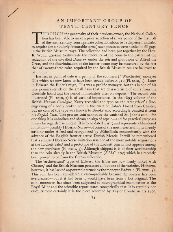 Dolley R. H. M., An Important Group of Tenth-Century Pence. Ristampa da "The Bri...