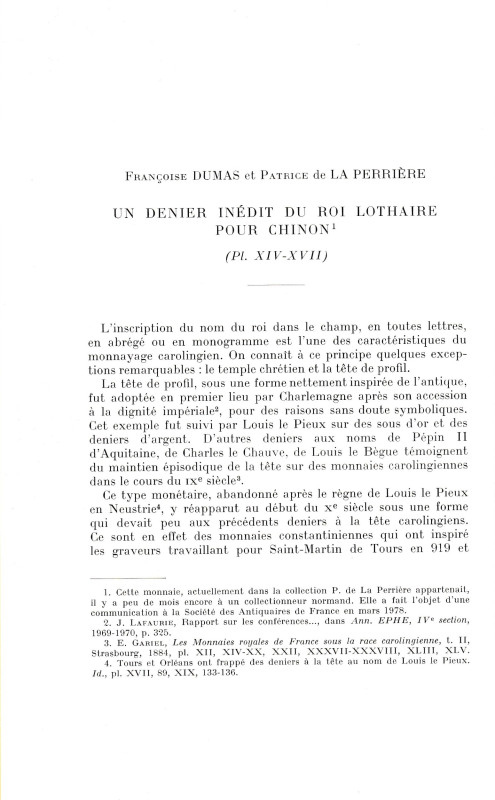 Dumas F. and La Perriere P., Un denier inedit du roi Lothaire pour chinon. Rista...