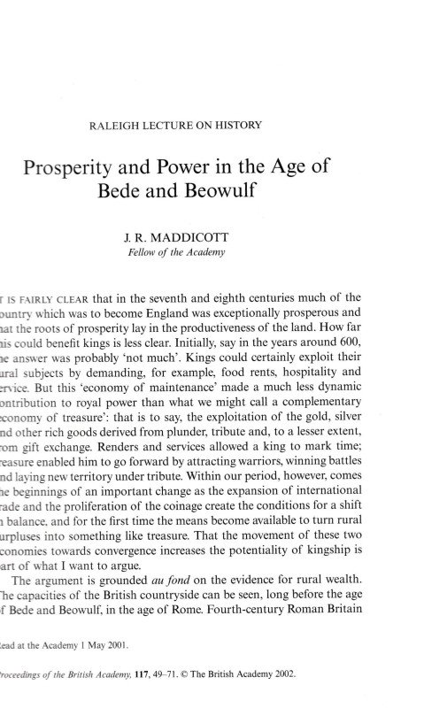 Maddicott J. R., Prosperity and Power in the Age of Bede and Beowulf. Ristampa d...