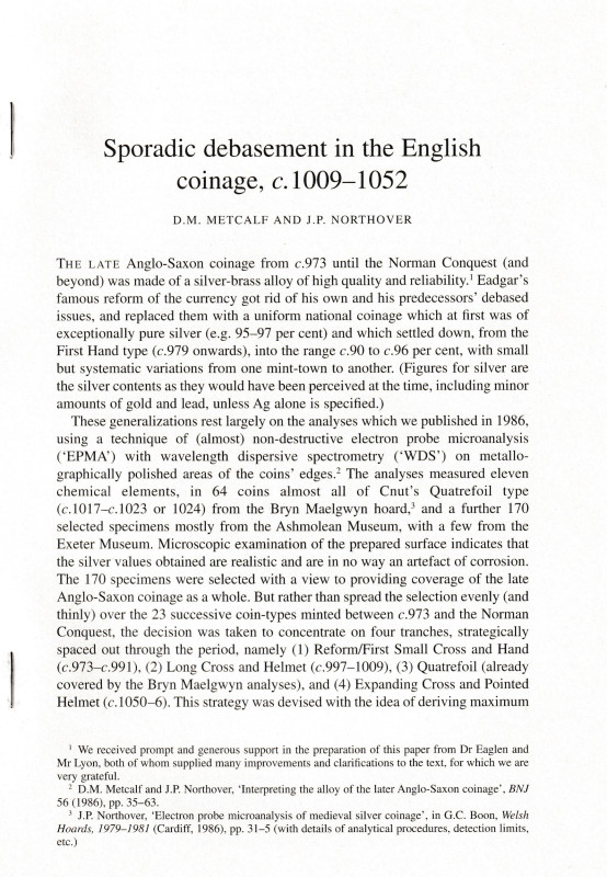 Metcalf D. M. and Northover J. P., Sporadic debasement in the English coinage, c...