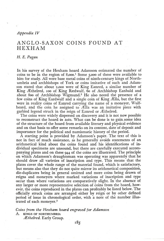 Pagan H. E., Anglo-Saxon coins found at Hexham Appendix IV. 8Pp.