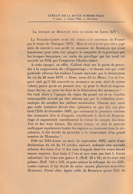 Prieur P., La monnaie de Besancon sous le regne de Louis XIV. Ristampa da "La Re...