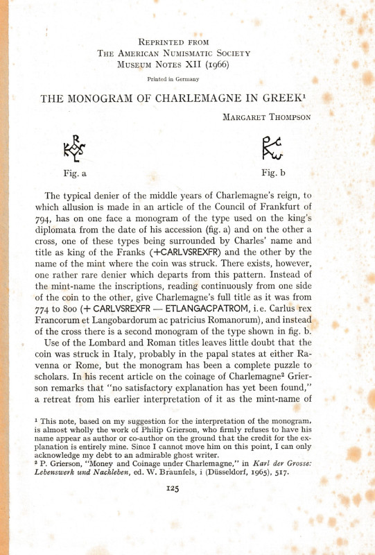 Thompson M., The monogram of Charlemagne in Greek. Ristampa da "The American Num...