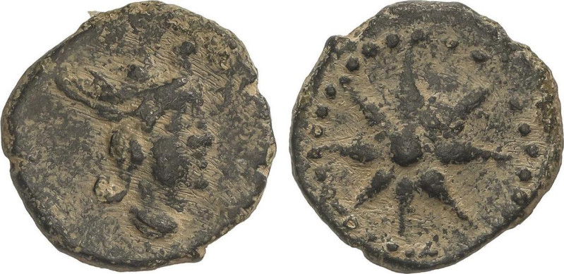 1/4 Calco. 290-220 a.C. MALACA (MÁLAGA). Anv.: Cabeza con gorro egipcio y coleta...