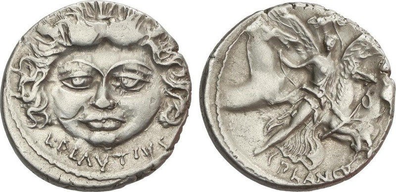 Denario. 47 a.C. PLAUTIA. L. Plautius Plancus. Anv.: Máscara de la Medusa con se...