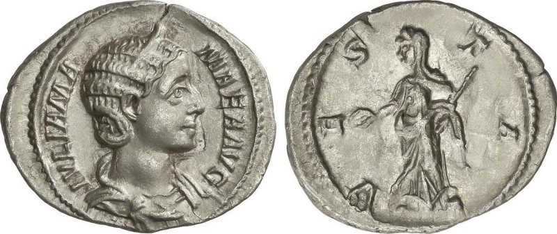 Denario. Acuñada el 235 d.C. JULIA MAMAEA. Anv.: IVLIA MAMAEA AVG. Busto diadema...