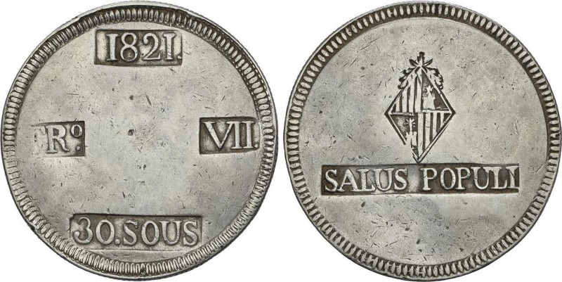 30 Sous. 1821. MALLORCA. 26,56 grs. (Limpiada). AC-1293. MBC.