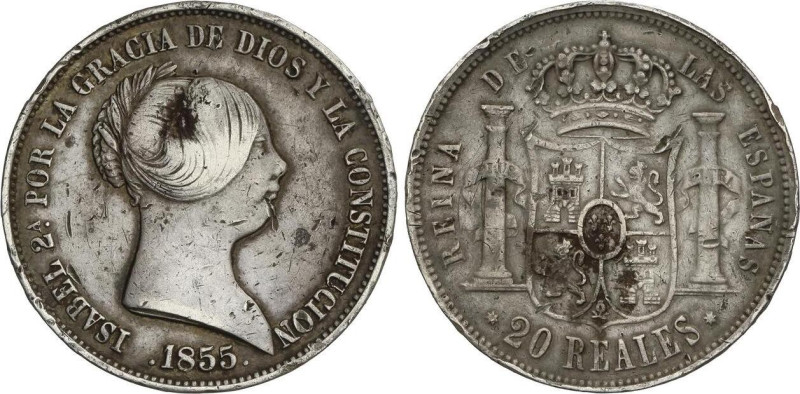 20 Reales. 1855. SEVILLA. 25,86 grs. (Golpecitos y rayitas). Pátina. AC-632. MBC...