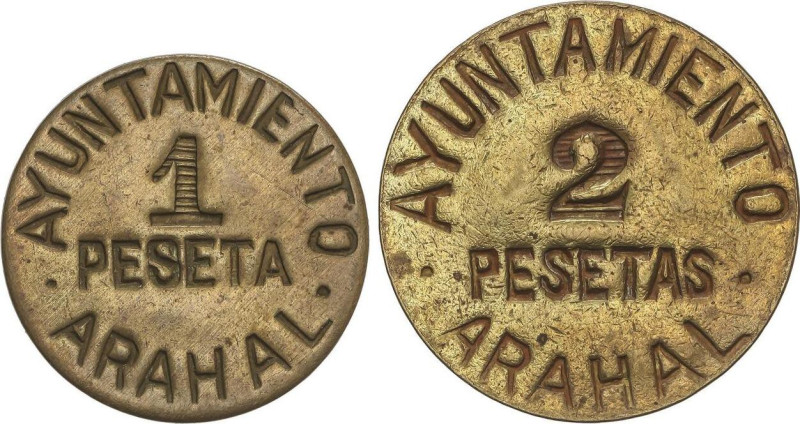 Lote 2 monedas 1 y 2 Pesetas. Ay. de ARAHAL. Latón. HG-231/232; Vti-L44/L45. EBC...