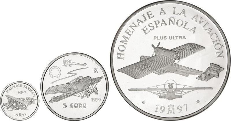 Serie 3 monedas 1, 5 y 25 Euros. 1997. HOMENAJE A LA AVIACIÓN ESPAÑOLA. AR. Maur...