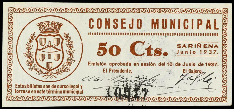 50 Céntimos. 10 Junio 1937. C.M. de SARIÑENA (Huesca). MUY ESCASO. RGH-4785. SC....