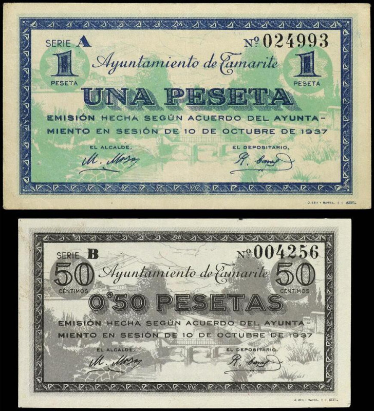 Lote 2 billetes 50 Céntimos, 1 Peseta. 10 Octubre 1937. Ay. De TAMARITE (Huesca)...