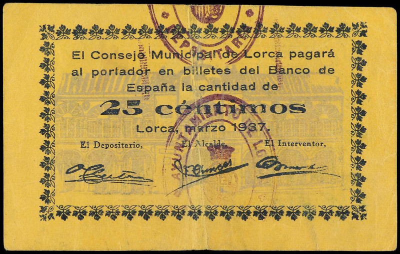 25 Céntimos. Marzo 1937. C.M. de LORCA (Murcia). MUY ESCASO. RGH-3229. MBC+.