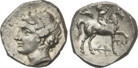 Nomos. 281-228 a.C. TARENTUM. CALABRIA. Anv.: Cabeza diademada de ninfa a izquierda. Rev.: Joven a caballo a derecha, delfín a izquierda, ancla debajo...