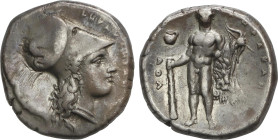 Estátera. 281-278 a.C. HERAKLEIA. LUCANIA. Anv.: Cabeza de Atenea a derecha, con casco corintio con cresta. Rev.: Heracles de pie mirando, sosteniendo...