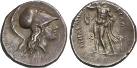 Estátera. 281-278 a.C. HERAKLEIA. LUCANIA. Anv.: Cabeza de Atenea a derecha, con casco corintio con cresta. Rev.: Heracles de pie mirando con aphlasto...