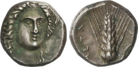 Estátera. 330-290 a.C. METAPONTO. LUCANIA. Anv.: Cabeza de Deméter envuelta mirando ligeramente hacia la derecha, con arete colgante triple y collar. ...