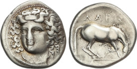 Dracma. 404-370 a.C. LARISSA. TESALIA. Anv.: Cabeza de la ninfa Larissa mirando ligeramente a izquierda. Rev.: Caballo pastando a derecha, arriba: ¶A¶...