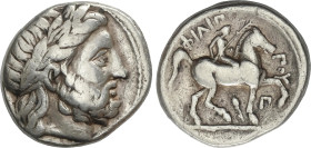 Tetradracma. 359-336 a.C. FILIPO II. AMPHIPOLIS. MACEDONIA. Anv.: Cabeza laureada de Zeus a derecha. Rev.: Jinete a derecha, encima leyenda, debajo mo...