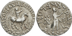 Tetradracma. 35 a.C.-5 d.C. AZES II. INDO-ESCITAS DEL PAQUISTÁN. Anv.: Jinete a caballo a derecha, alrededor leyenda. Rev.: Figura en pie a derecha, a...