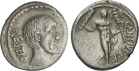 Denario. 47 a.C. ANTIA. C. Antius C.f. Restio. Anv.: Cabeza descubierta de Antius Restius a derecha, detrás RESTIO. Rev.: Hércules con maza y trofeo a...