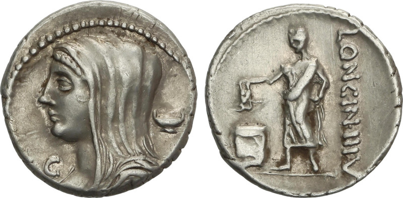 Denario. 55 a.C. CASSIA. L. Cassius Longinus. Anv.: Busto velado de Vesta a izqu...