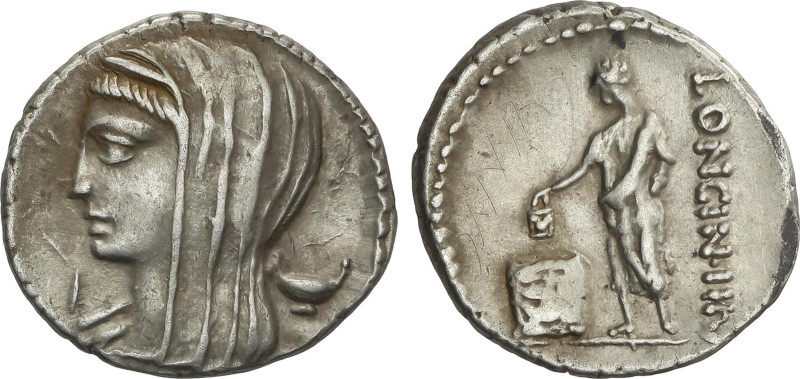 Denario. 55 a.C. CASSIA. L. Cassius Longinus. Anv.: Busto velado de Vesta a izqu...