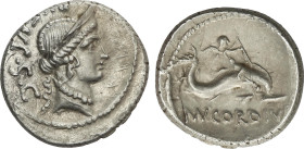 Denario. 46 a.C. CORDIA. Manius Cordius Rufus. Anv.: Cabeza diademada de Venus Verticordia a derecha, detrás RVFVS SC. Rev.: Cupido montado en un delf...