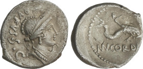 Denario. 46 a.C. CORDIA. Manius Cordius Rufus. Anv.: Cabeza diademada de Venus Verticordia a derecha, detrás RVFVS SC. Rev.: Cupido montado en un delf...