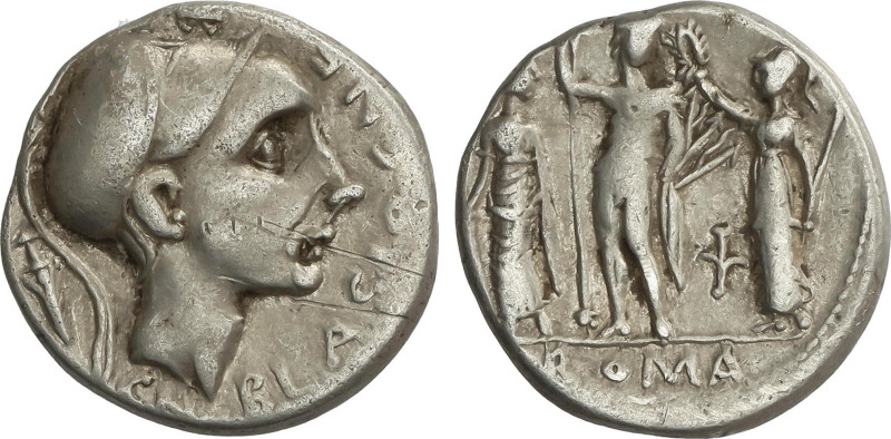 Denario. 112-111 a.C. CORNELIA. Cnaeus Cornelius Blasio. Anv.: Cabeza de Escipìó...