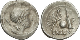 Denario. 76-75 a.C. CORNELIA. Cn. Cornelius Lentulus Marcellinus. Anv.: Busto diademado del genio del Pueblo a derecha, detrás cetro, encima G.P.R. Re...