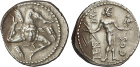 Denario. 56 a.C. CORNELIA. L. Cornelius Lentulus y C. Claudius Marcellus. SICILIA. Anv.: Triqueta con espigas en el centro cabeza de Medusa. Rev.: Júp...