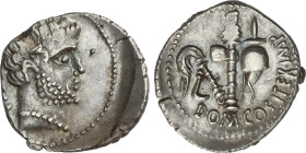 Denario. 38 a.C. DOMITIA. Cn. Domitius Calvinus. OSCA (Huesca). Anv.: Cabeza barbada de Hércules a derecha, detras (OSCA). Rev.: Atributos sacerdotale...